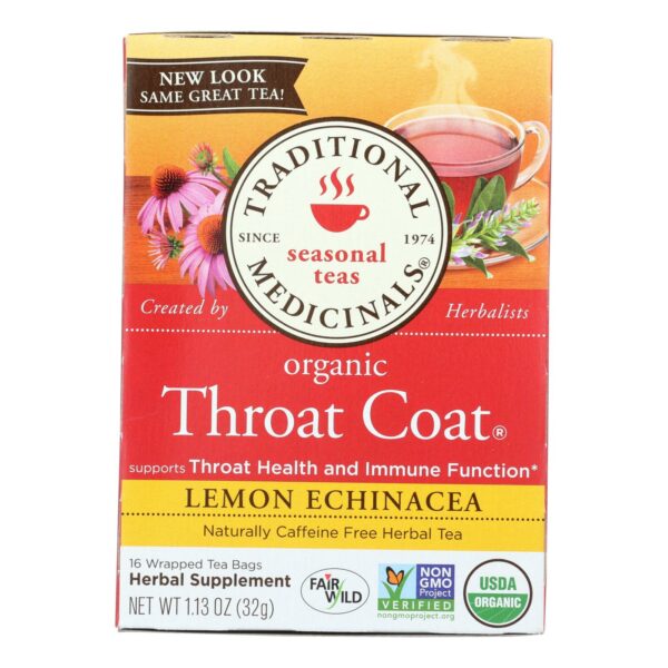 Organic Throat Coat Lemon Echinacea Herbal Tea 16 Tea Bags