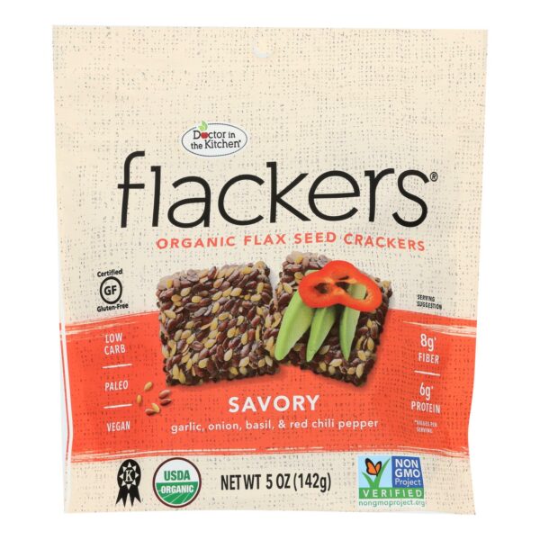 Flackers Flax Seed Crackers Savory Garlic-Onion-Basil and Red Chile Pepper